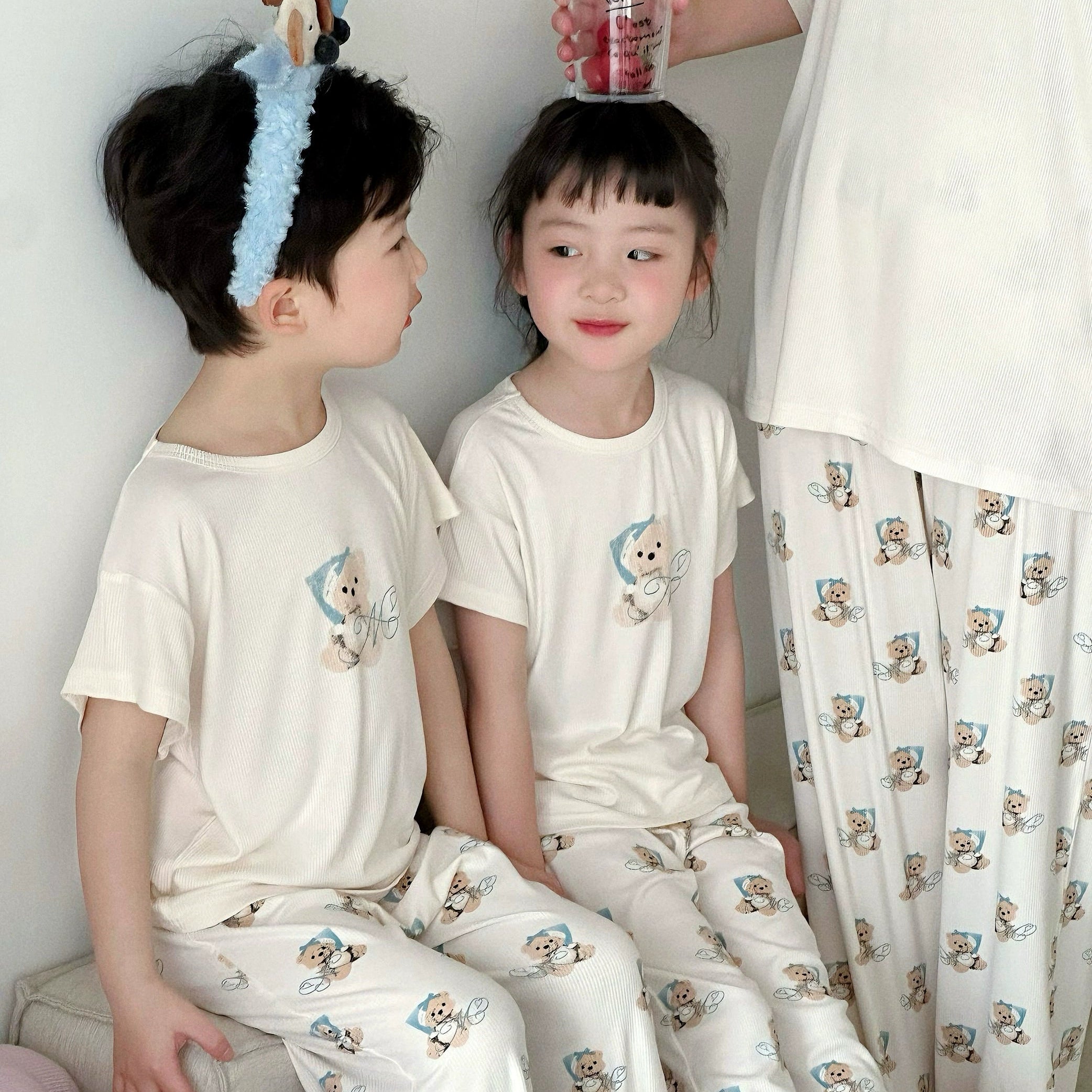 ID774 くま柄 親子服 半袖パジャマ 子供服 キッズ 女の子 男の子 パジャマ 半袖パジャマ ルームウェア 半袖ルームウェア