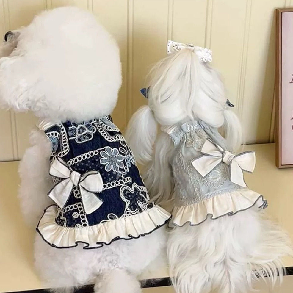 ID726 新作 ペット服 立体 リボン 刺繍 プリント 犬 猫 プリンセス 小型犬 ヨークシャー ビション 春夏 薄手 通気性 ベスト プリンセス スカート