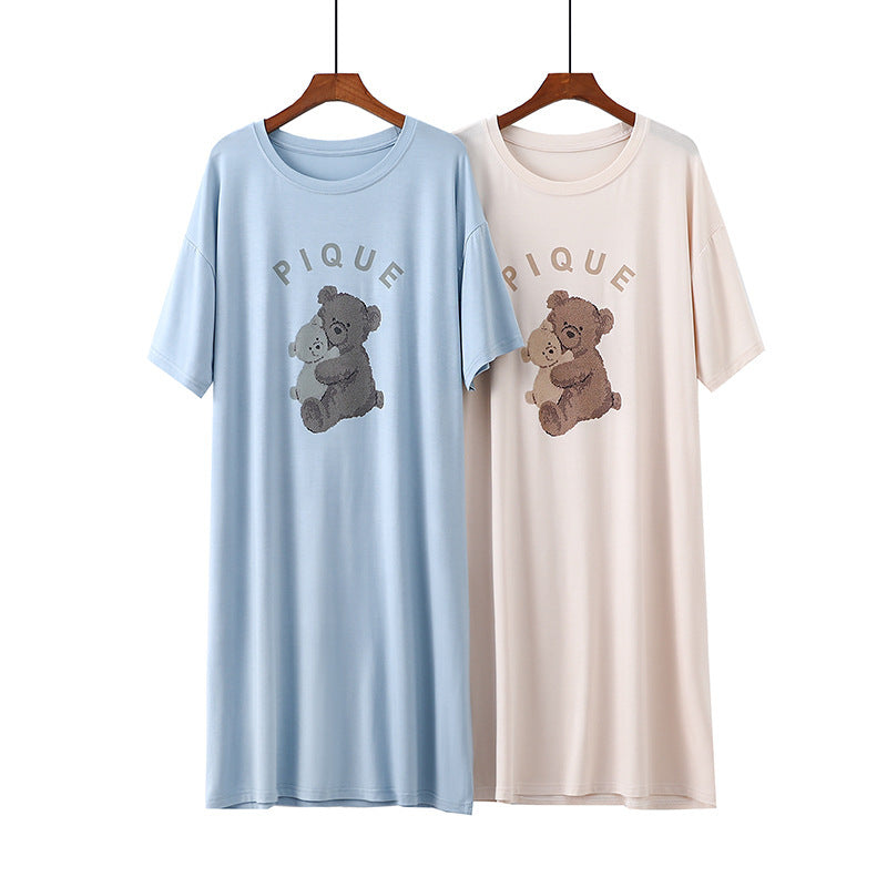 ID735 くま柄 パジャマ ルームウェア ワンピース ゆったり リラックス ウェア  吸水 軽い お風呂上り ロング丈 可愛い かわいい ルームウェア シンプル