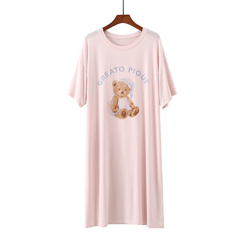 ID655 くま ワンピース パジャマ 部屋着 かわいい 可愛い おしゃれ ルームウェア シンプル  透けない ゆったり 夏 入院 産前 産後 伸縮性