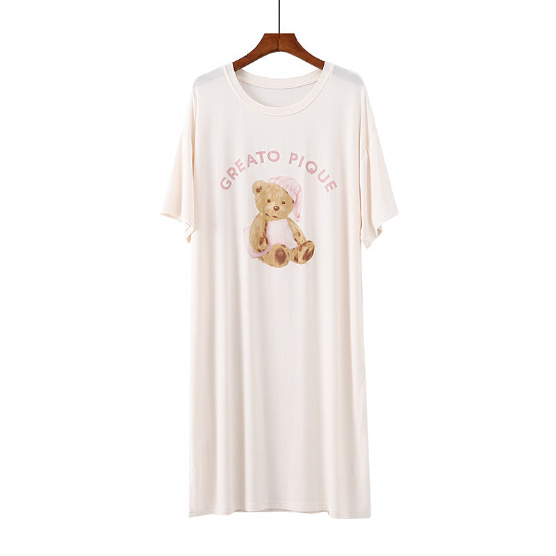 ID655 くま ワンピース パジャマ 部屋着 かわいい 可愛い おしゃれ ルームウェア シンプル  透けない ゆったり 夏 入院 産前 産後 伸縮性