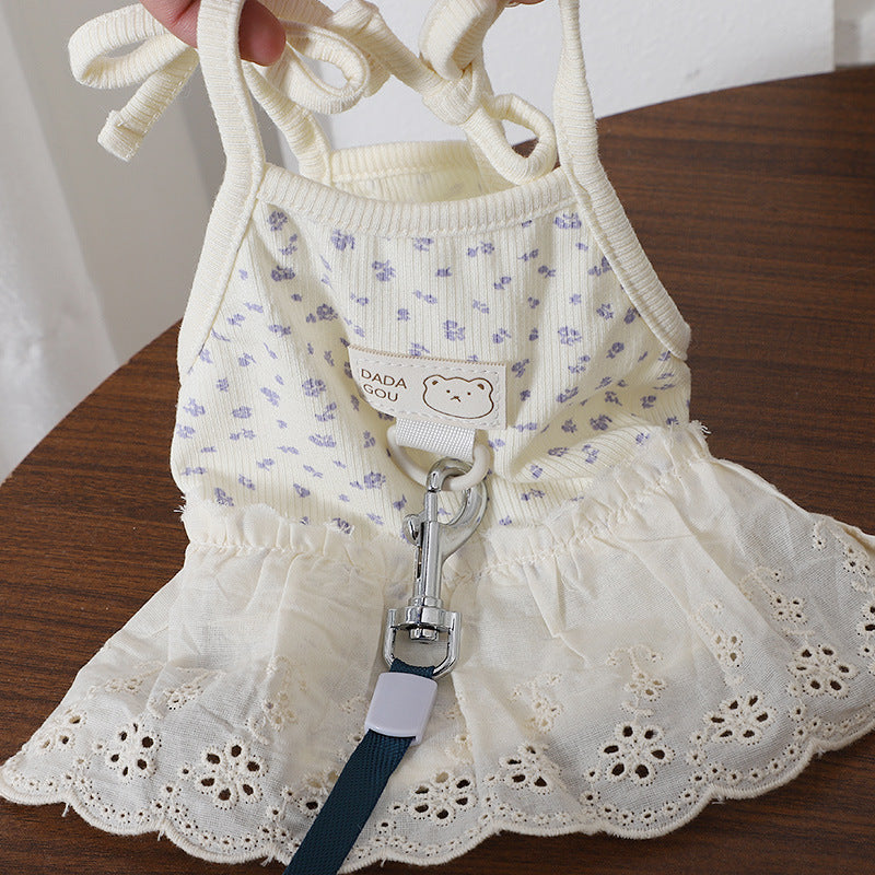 ID733 犬服 リード対応 花柄 プリンセススカート ティーカップ テディ 通気性 抜群 防毛 脱落 春夏 子犬用 かわいい インスタ風 柔らかい レース 縁取り
