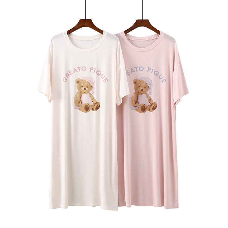 ID655 くま ワンピース パジャマ 部屋着 かわいい 可愛い おしゃれ ルームウェア シンプル  透けない ゆったり 夏 入院 産前 産後 伸縮性