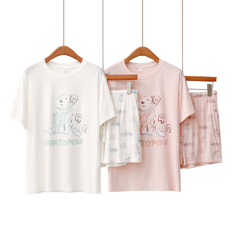 ID659 ラッコ プリント 夏 パジャマセット モダール 薄手 半袖 ショートパンツ かわいい ルームウェア 女子 ゆったり 吸汗速乾 おうちコーデ 日本風 イラスト