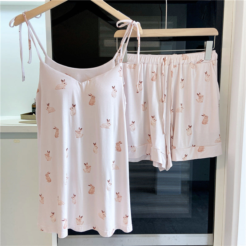 ID633 レディース 日系 うさぎ パジャマ  アイスクリーム モダール 夏用 サロペット ショートパンツ セット パッド内蔵 甘い