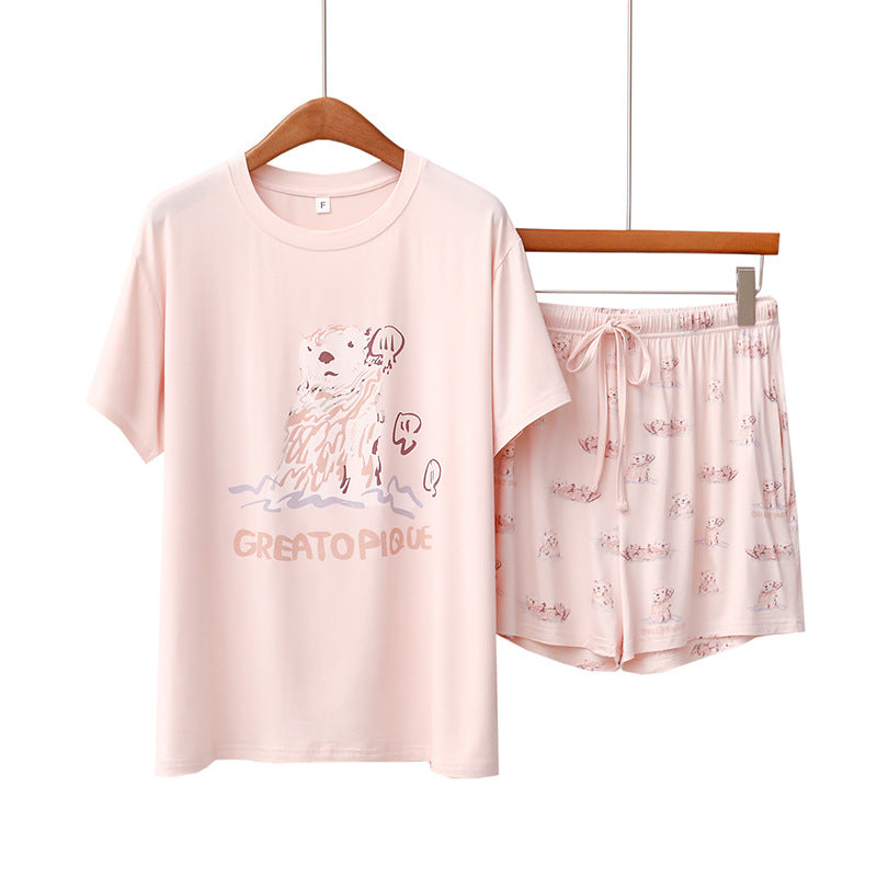ID659 ラッコ プリント 夏 パジャマセット モダール 薄手 半袖 ショートパンツ かわいい ルームウェア 女子 ゆったり 吸汗速乾 おうちコーデ 日本風 イラスト
