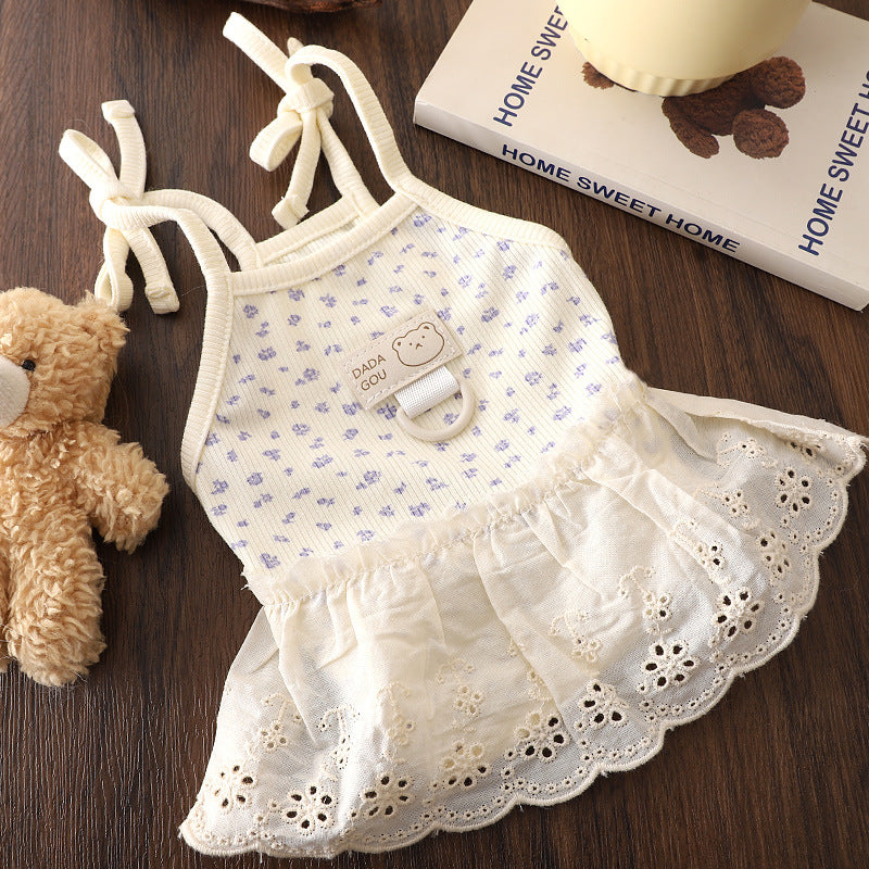 ID733 犬服 リード対応 花柄 プリンセススカート ティーカップ テディ 通気性 抜群 防毛 脱落 春夏 子犬用 かわいい インスタ風 柔らかい レース 縁取り