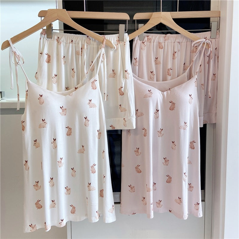 ID633 レディース 日系 うさぎ パジャマ  アイスクリーム モダール 夏用 サロペット ショートパンツ セット パッド内蔵 甘い