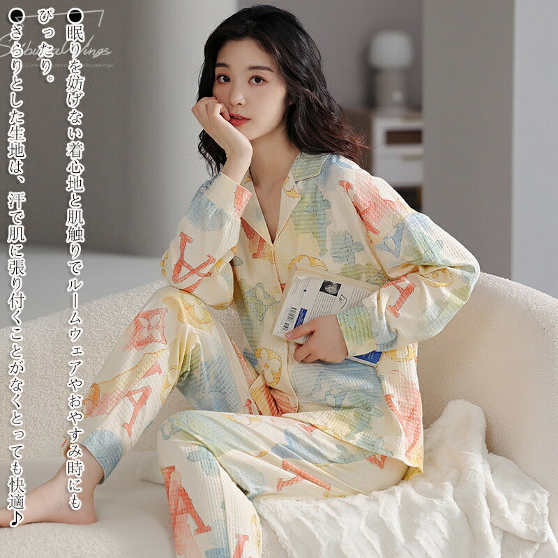 パジャマ 女性用 ルームウェア レディース 上品 長袖 前開き 綿 2点セット コットン 春夏 20代 30代 ゆったり 長ズボン セットアップ 女性 部屋着 寝巻き 誕生日プレゼント エレガント 冷房対策 スウィーティー ギフト 肌触り おしゃれ M L XL 2XL  通気性 可愛い 柔らかい ID4724