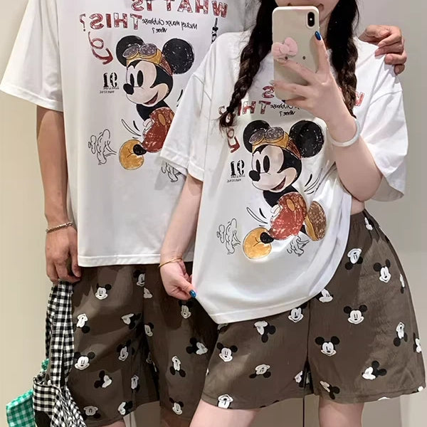 カップル パジャマ レディース 夏 半袖 ショートパンツ セット かわいい カートゥーン ミッキー メンズ プルオーバー ルームウェア 肌にやさしい 快適 ゆったり ID4718