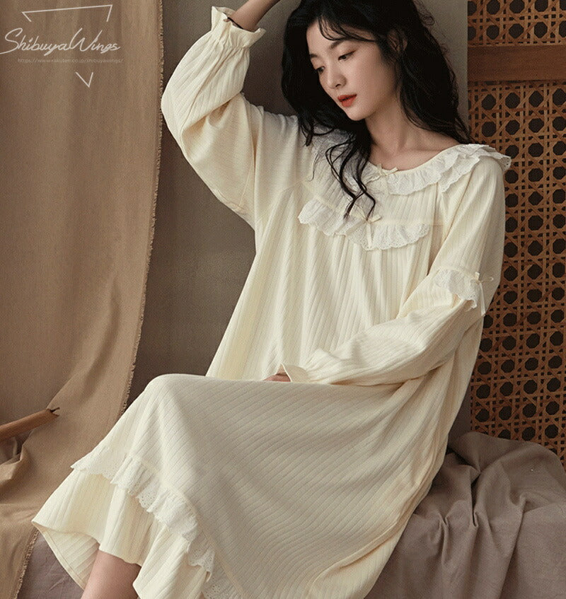 部屋着 寝巻き 綿 上品 パジャマ 春夏 ルームウェア レディース ワンピース 肌触り 通気性 ゆったり 長袖 女性 韓国風 お姫様 きれいめ 誕生日プレゼント きれい エレガント 寝巻き 可愛い 柔らかい 冷房対策 肌触りいい シンプル 20代 30代 M L XL 2XL スウィーティー 新作 ID4723