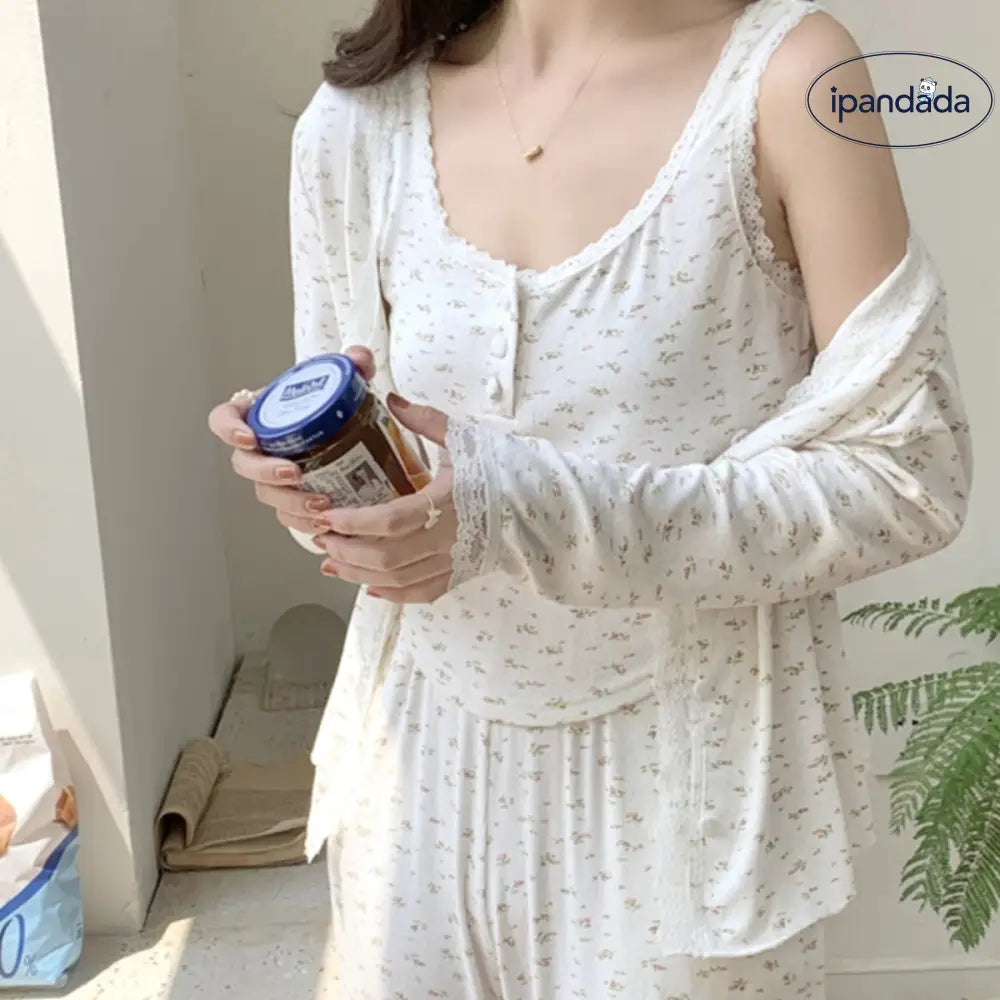 ID1819 アイスシルク クール感 パジャマ レディース 春秋用 甜美 フローラル キャミソール 長袖 ロングパンツ 3点セット ルームウェア