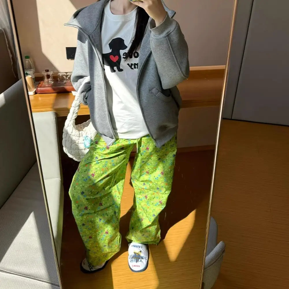 ID1543 アメリカンレトロ 小众デザイン ワイドレッグ カジュアルパンツ 男女兼用 ゆったりした ストレート ワークパンツ ロングパンツ グリーン / M 外出着>ボトムス