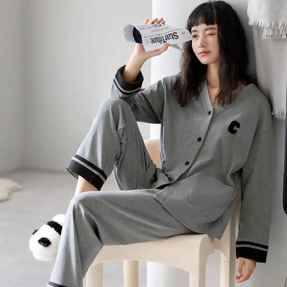 アルファベット 配色 ルームウェア シャツパジャマ 上下セット 男女兼用 パジャマ レディース かわいい 大人 グレー / M レディース＞セットアップ