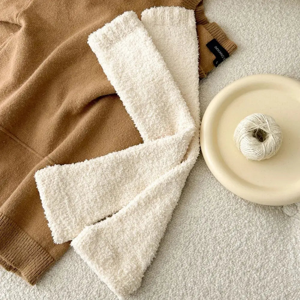 コーラルフリース 膝サポーター 脚カバー ストライプ 小腿ソックス カップル用 ロング ソックス 保温 厚手 ID3759 アイボリー / フリー