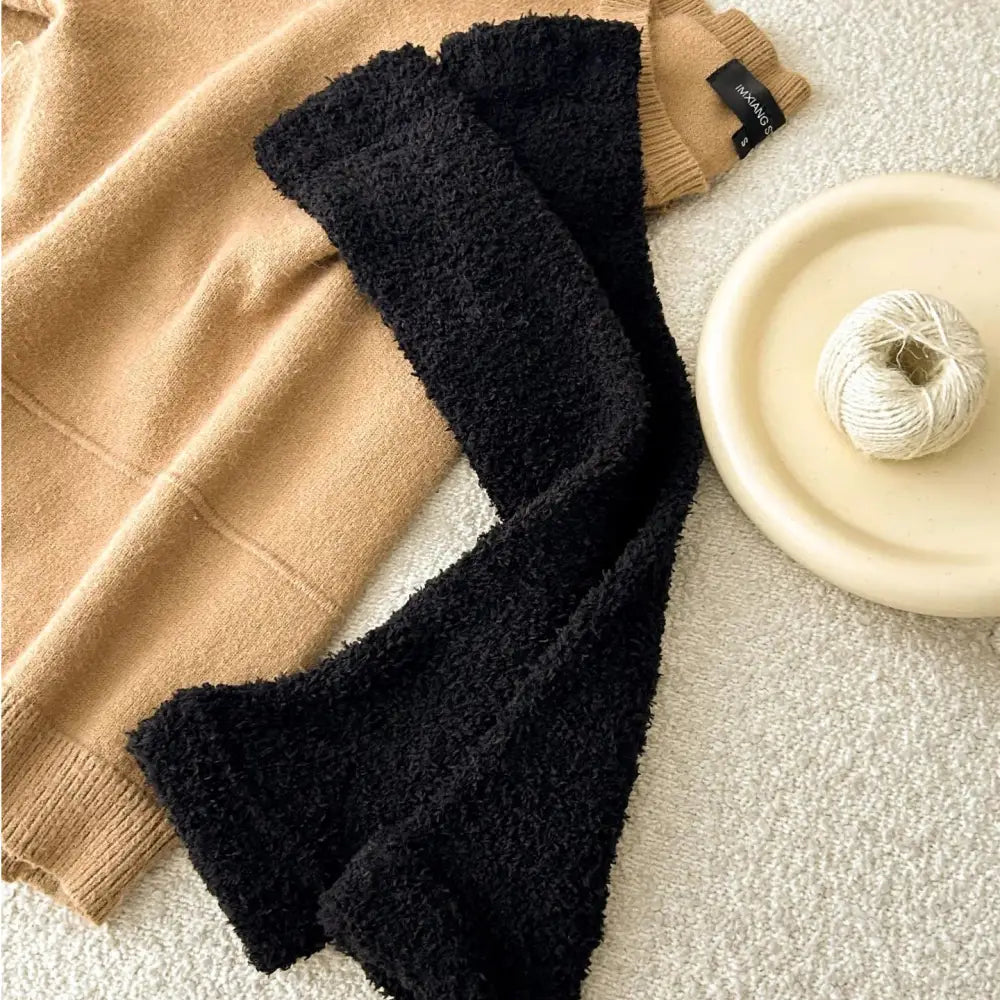 コーラルフリース 膝サポーター 脚カバー ストライプ 小腿ソックス カップル用 ロング ソックス 保温 厚手 ID3759 ブラック / フリー