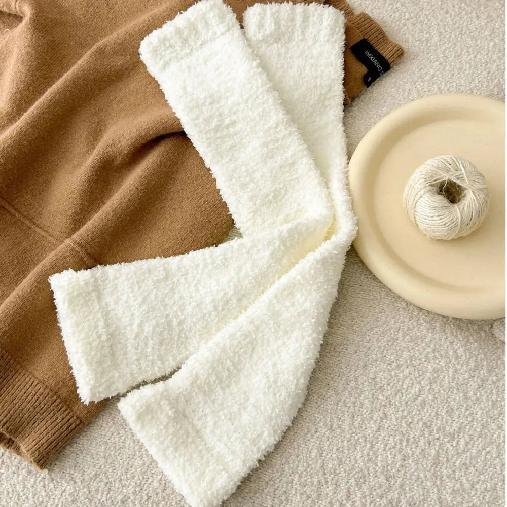 コーラルフリース 膝サポーター 脚カバー ストライプ 小腿ソックス カップル用 ロング ソックス 保温 厚手 ID3759 ホワイト / フリー