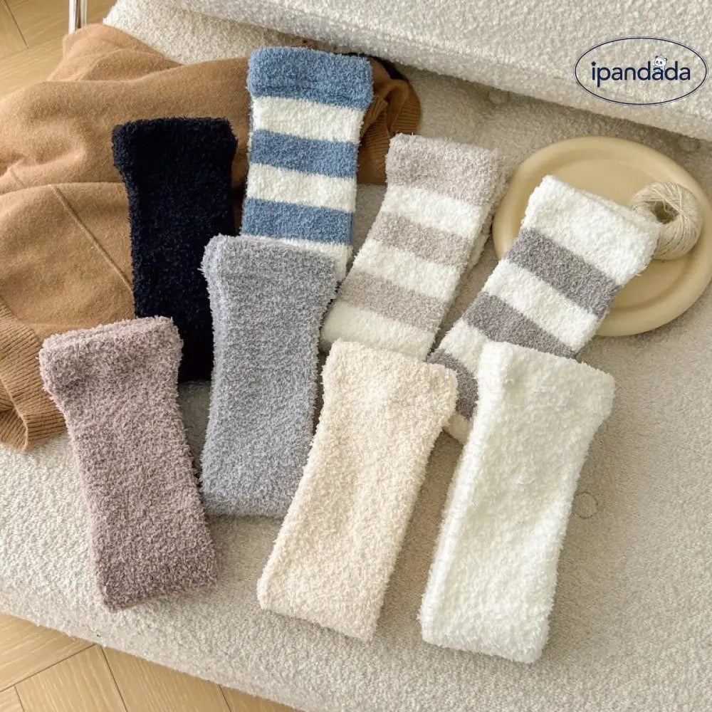 コーラルフリース 膝サポーター 脚カバー ストライプ 小腿ソックス カップル用 ロング ソックス 保温 厚手 ID3759