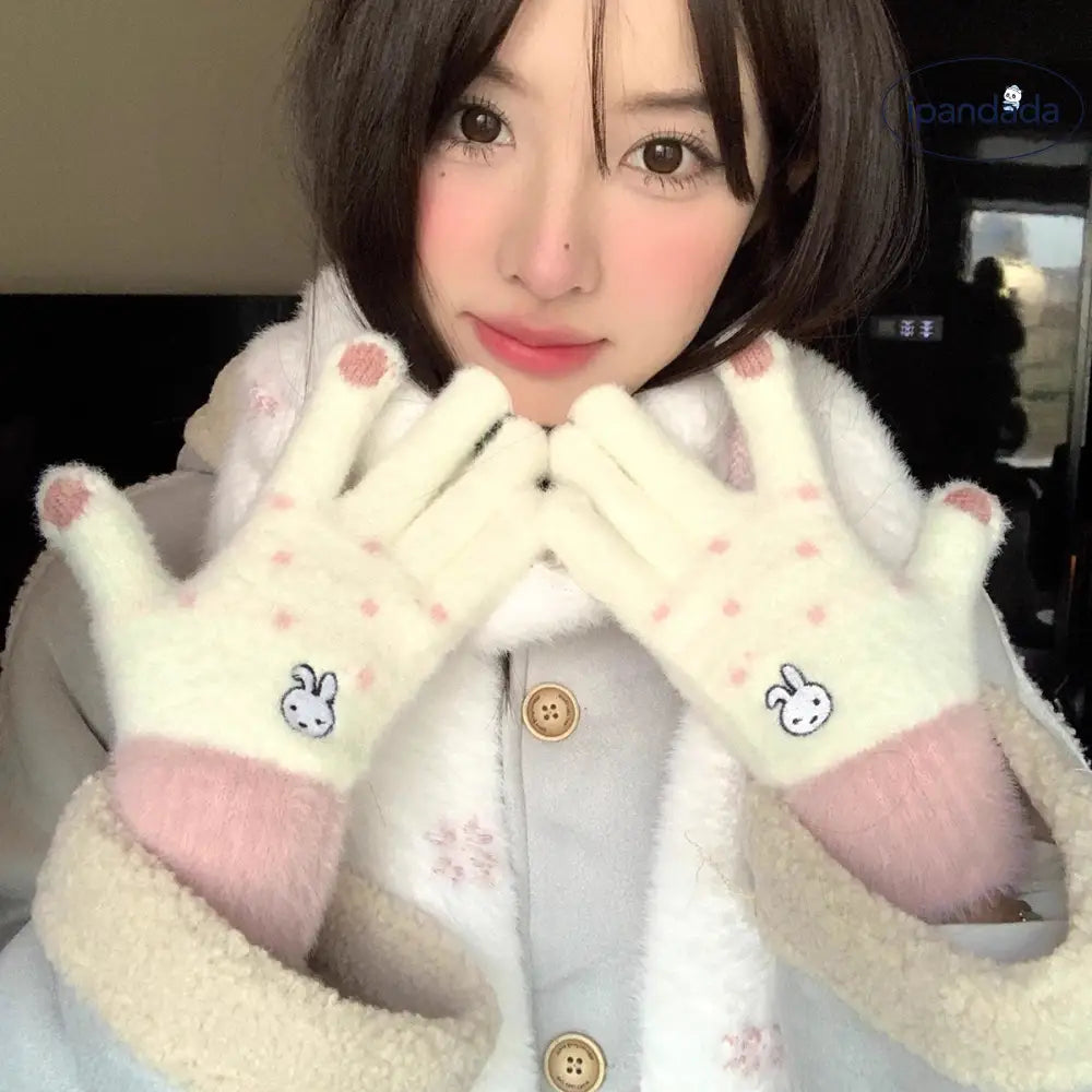 バイク用 保温 可愛い 指分け 手袋 タッチパネル対応 カートゥーン うさぎ フリース グローブ レディース ID3506 写真通り / フリー