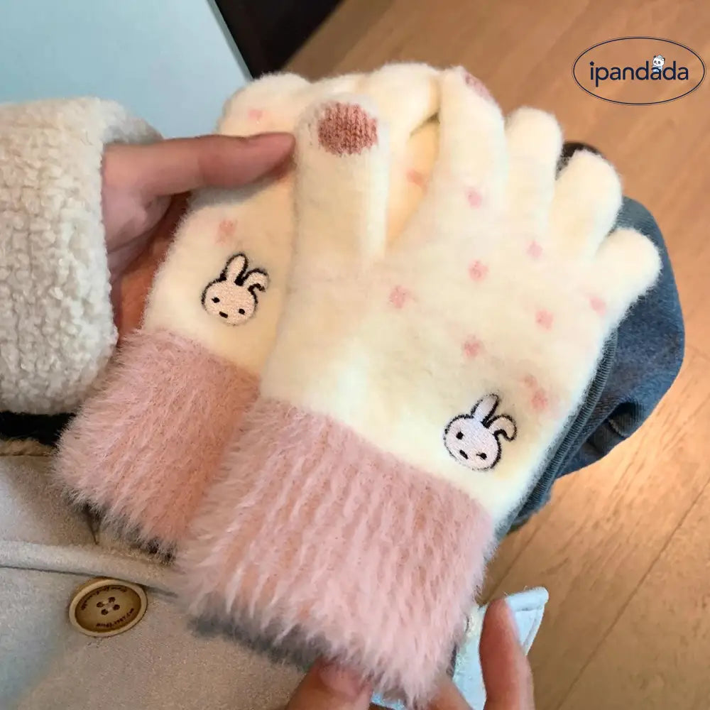 バイク用 保温 可愛い 指分け 手袋 タッチパネル対応 カートゥーン うさぎ フリース グローブ レディース ID3506 写真通り / フリー