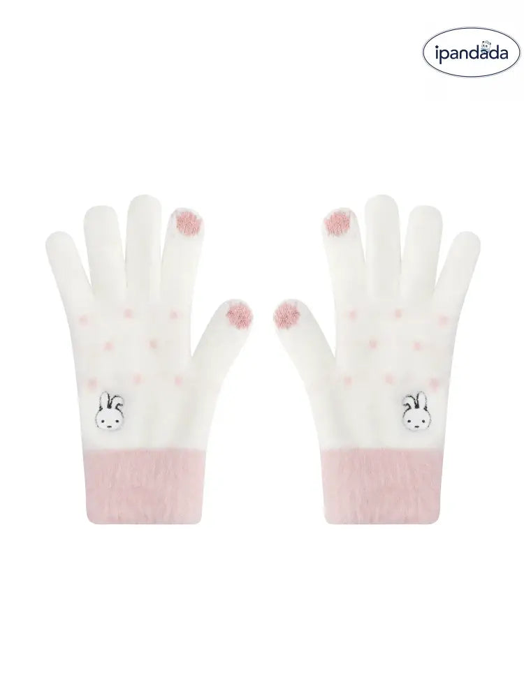 バイク用 保温 可愛い 指分け 手袋 タッチパネル対応 カートゥーン うさぎ フリース グローブ レディース ID3506 写真通り / フリー