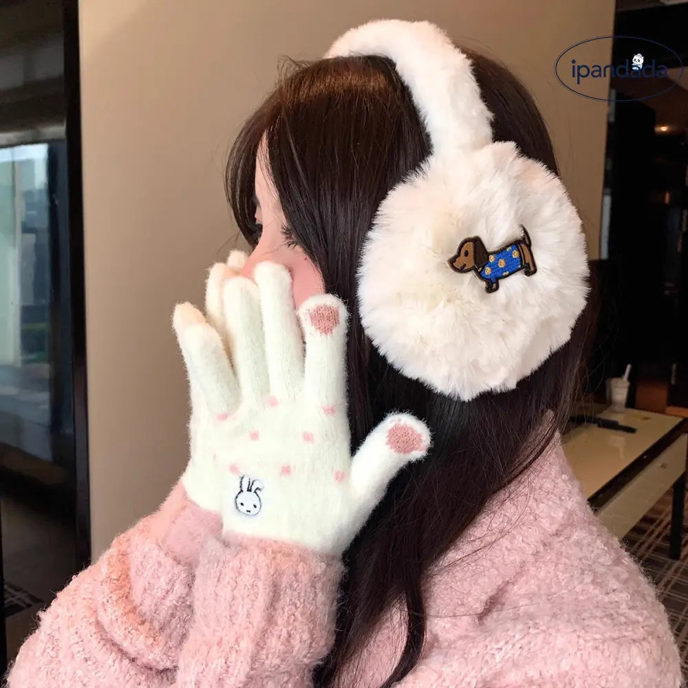 バイク用 保温 可愛い 指分け 手袋 タッチパネル対応 カートゥーン うさぎ フリース グローブ レディース ID3506 写真通り / フリー