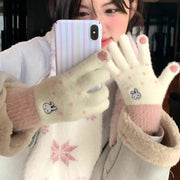 バイク用 保温 可愛い 指分け 手袋 タッチパネル対応 カートゥーン うさぎ フリース グローブ レディース ID3506 写真通り / フリー