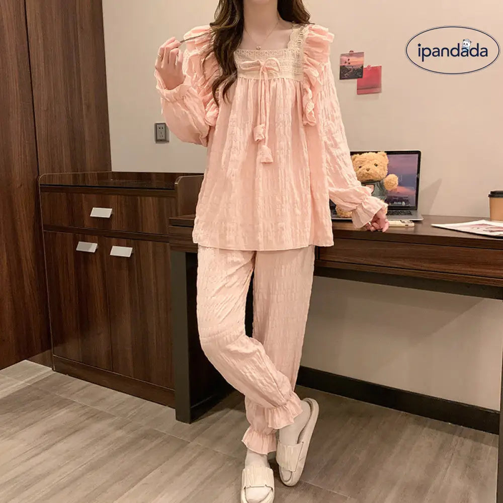 レディース レース プルオーバー 秋 長袖 クラウドコットン かわいい 無地 ガールズ ルームウェア 2点セット ID1858
