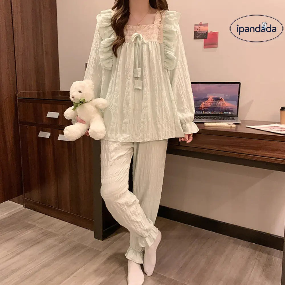 レディース レース プルオーバー 秋 長袖 クラウドコットン かわいい 無地 ガールズ ルームウェア 2点セット ID1858