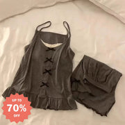 パッド付き グレーキャミソール パジャマ 女性用 夏の新作 リボン付き ノースリーブ 高級感ある ルームウェア 2点セット ID1828