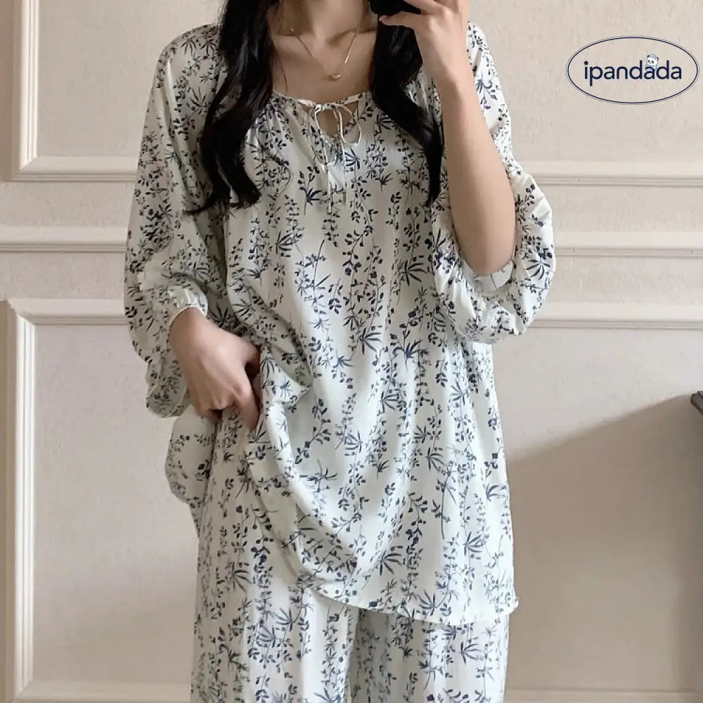 薄手 コットン シルク パジャマ 小花柄 レディース ルームウェア セット ゆったり 夏用 ラウンドネック 七分袖 外出可能な薄手 ID1836