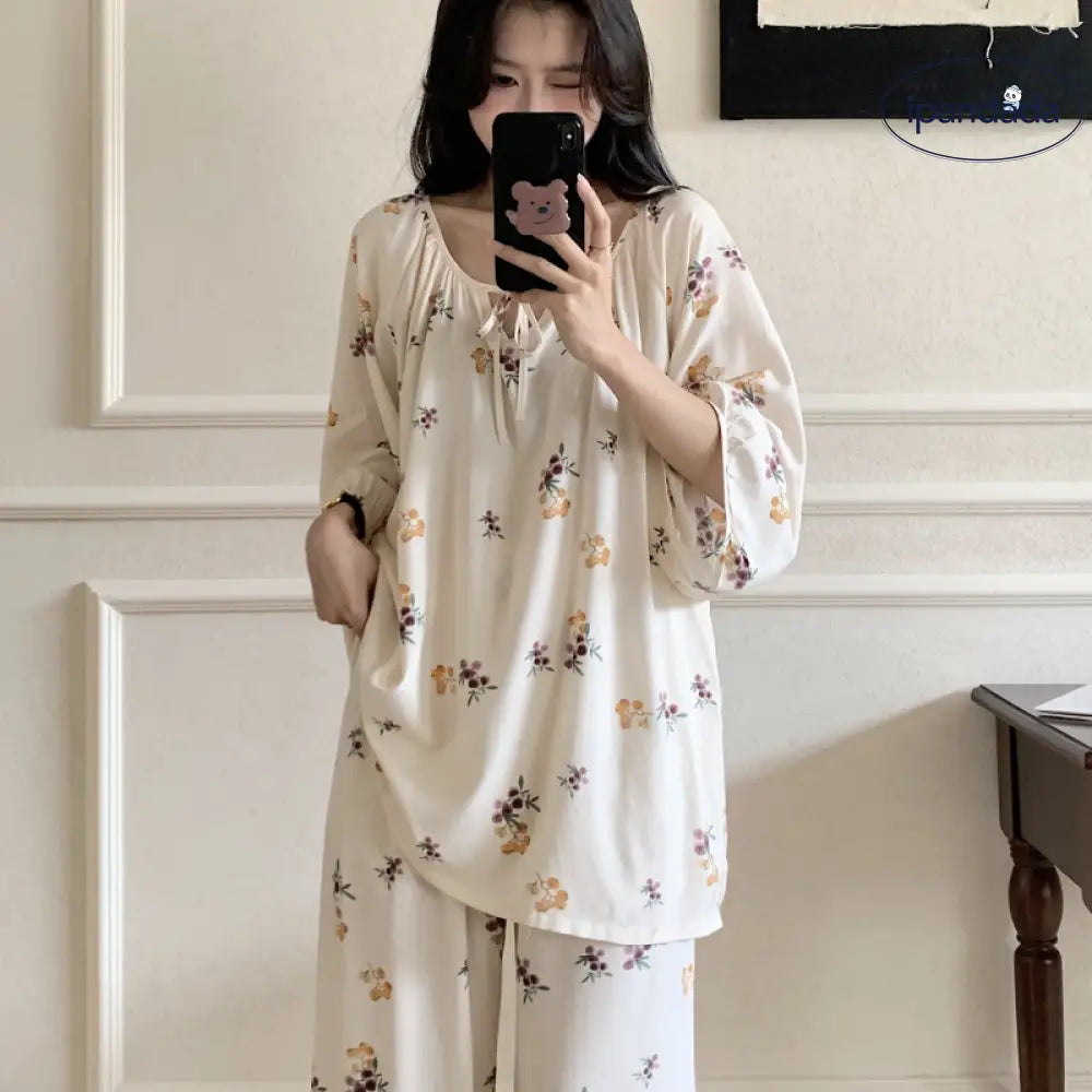 薄手 コットン シルク パジャマ 小花柄 レディース ルームウェア セット ゆったり 夏用 ラウンドネック 七分袖 外出可能な薄手 ID1836