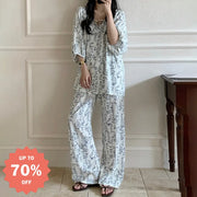 薄手 コットン シルク パジャマ 小花柄 レディース ルームウェア セット ゆったり 夏用 ラウンドネック 七分袖 外出可能な薄手 ID1836