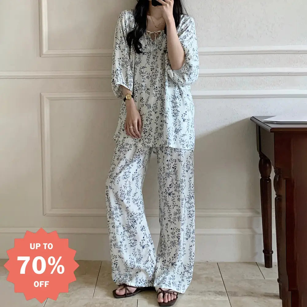 薄手 コットン シルク パジャマ 小花柄 レディース ルームウェア セット ゆったり 夏用 ラウンドネック 七分袖 外出可能な薄手 ID1836