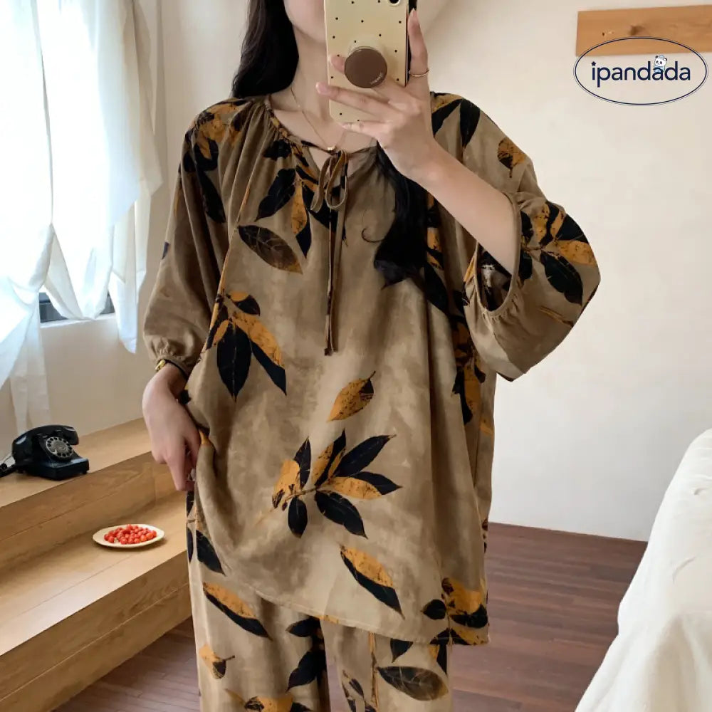 薄手 コットン シルク パジャマ 小花柄 レディース ルームウェア セット ゆったり 夏用 ラウンドネック 七分袖 外出可能な薄手 ID1836