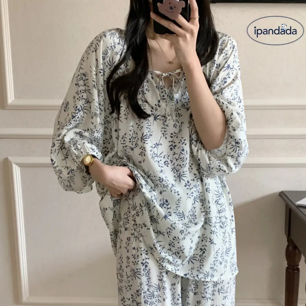 薄手 コットン シルク パジャマ 小花柄 レディース ルームウェア セット ゆったり 夏用 ラウンドネック 七分袖 外出可能な薄手 ID1836