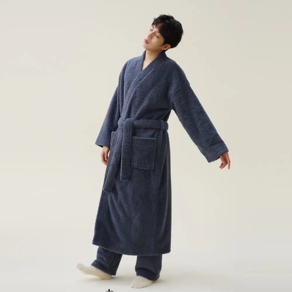 バスローブ メンズ レディース カップル ペア 秋冬おしゃれ 部屋着 厚手 吸水 速乾 男女兼用 ペア ルームウェア 秋物 ガウン ナイトウェア 冬服 ウン パジャマ+ズボン 軽量 長袖 お風呂上り ID2327 ダークグレー(メンズ)