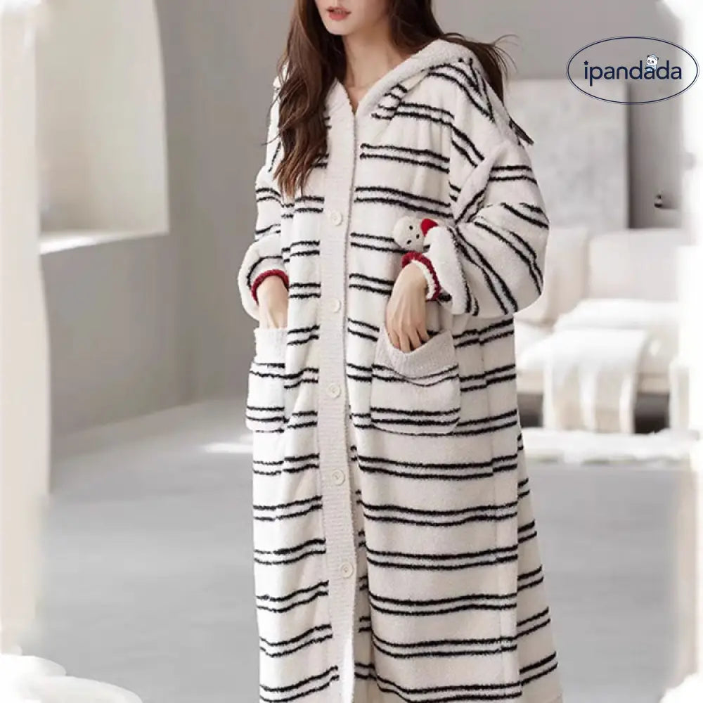 バスローブ レディース かわいい もこもこ 前開き 冬 ボーダー 厚手 暖かい ロング パジャマ – ipandada 女性のフード付きクラシック長袖バスローブぬいぐるみパジャマ無地暖かいバスローブ着物ローブ