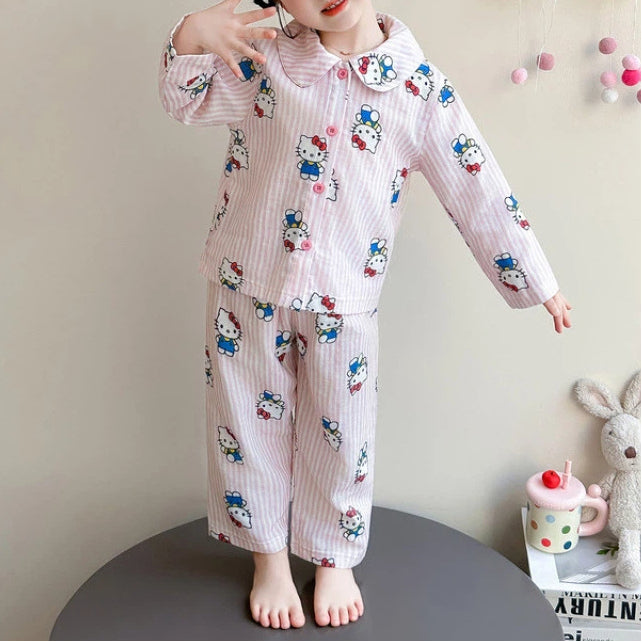 ハローキティ パジャマ 女の子 春 ガーゼ ボーダー柄 ストライプ かわいい キャラクター 長袖 前開き カーディガンタイプ 子供 キッズ ルームウェア 部屋着 セットアップ おしゃれ 着回し 便利 入園準備 ギフト ID4240