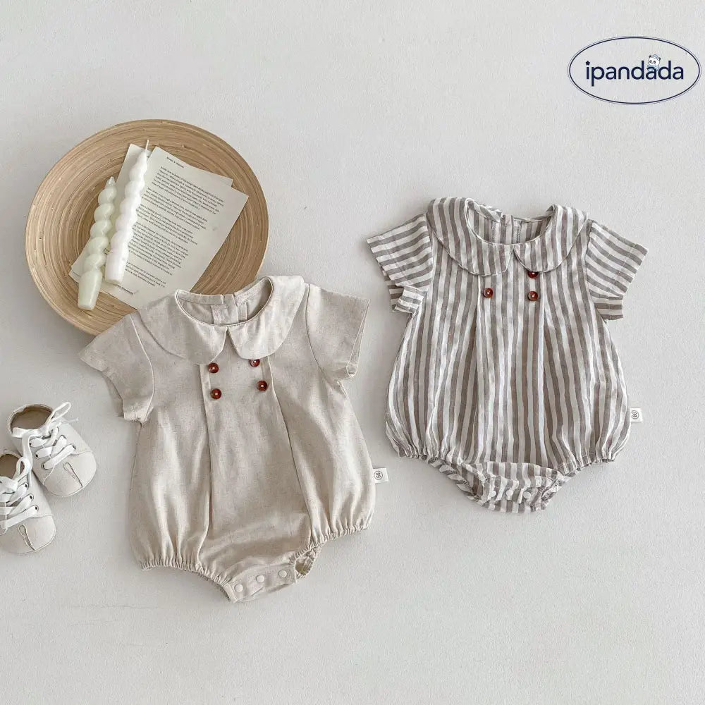 ID1747 ベビー服 ロンパース 半袖 女の子 男の子 ベビー 夏 夏服 子ども 子供 新生児 赤ちゃん 襟付き 丸襟 ダブルボタン おしゃれ かわいい シンプル 無地 ストライプ 出産祝い 韓国 韓国ベビー服 綿 コットン