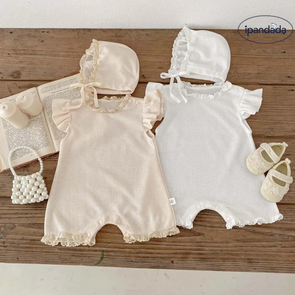 ID1748 ベビー服 ロンパース カバーオール ボンネット ノースリーブ 女の子 ベビー 夏 夏服 ボンネット付き 子ども 子供 新生児 赤ちゃん 無地 シンプル おしゃれ かわいい ワッフル 出産祝い 韓国 韓国ベビー服 綿 コットン 60 70 80