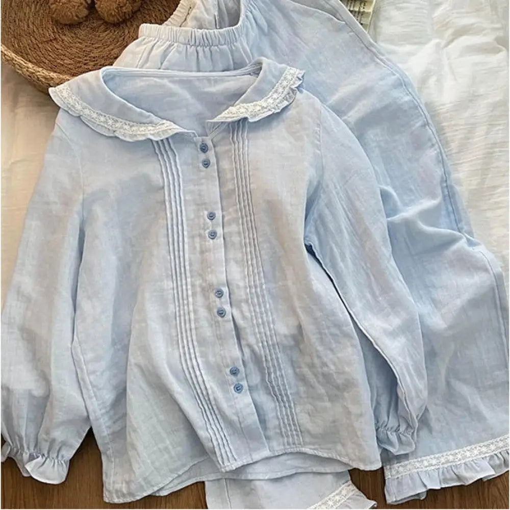 ベビーブルー ガーゼ フリル 長袖 上下セット セットアップ パジャマ 女性用 長袖 長ズボン 外出可能 ルームウェア セット ID4302 ブルー / S レディース＞セットアップ