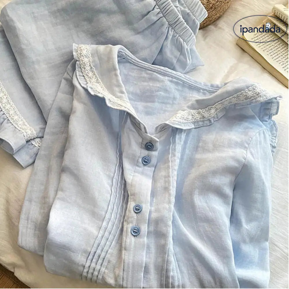 ベビーブルー ガーゼ フリル 長袖 上下セット セットアップ パジャマ 女性用 長袖 長ズボン 外出可能 ルームウェア セット ID4302 レディース＞セットアップ