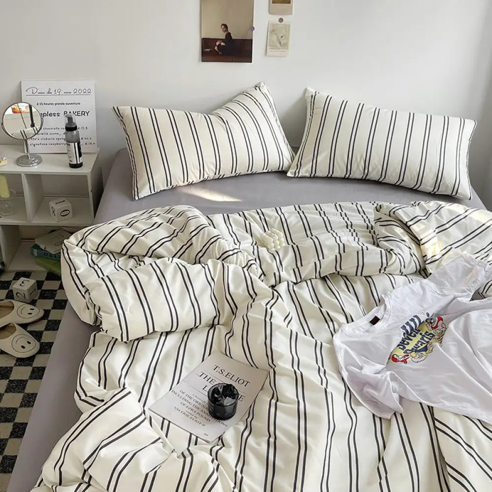ID776 ベッドリネン 4点セット 肌に優しい 起毛加工 水玉模様 ストライプ デザイン 5色展開 高品質 インスタ風 春 夏 秋 シーズン ソフト ベッドカバー ホームウェア セット 洗濯可能 保温性 ベッドルーム インテリア
