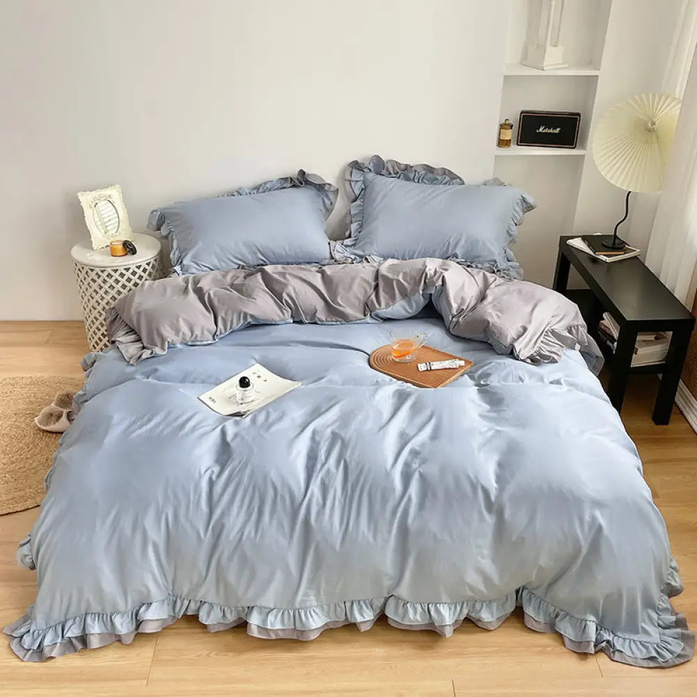 ID777 ベッドリネンセット 春夏 韓国風 おしゃれ カラーブロック レースフリル マットレスカバータイプ シーツ 枕カバー ベッドカバー デザイン 高密度 洗濯可能 インテリア ホームウェア ベッドルーム アイテム ブルー