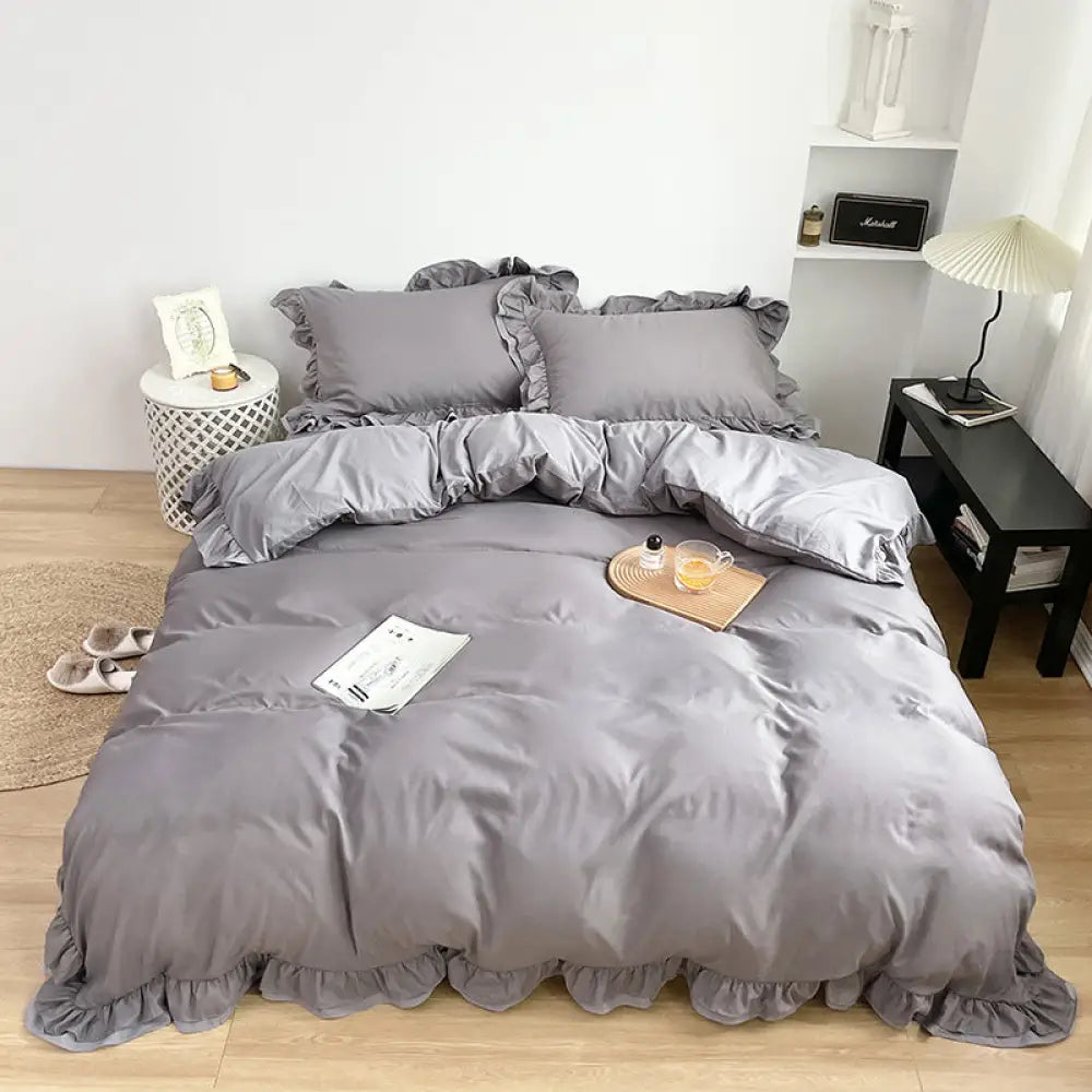 ID777 ベッドリネンセット 春夏 韓国風 おしゃれ カラーブロック レースフリル マットレスカバータイプ シーツ 枕カバー ベッドカバー デザイン 高密度 洗濯可能 インテリア ホームウェア ベッドルーム アイテム グレー