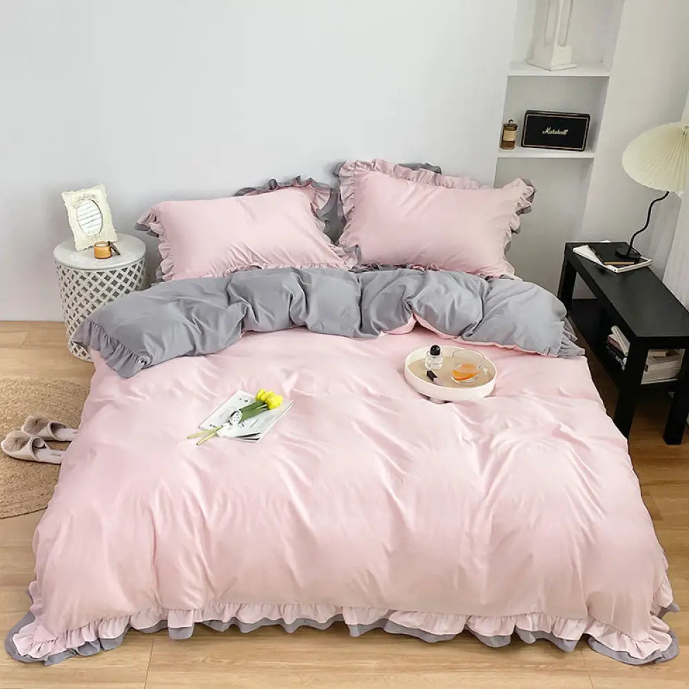 ID777 ベッドリネンセット 春夏 韓国風 おしゃれ カラーブロック レースフリル マットレスカバータイプ シーツ 枕カバー ベッドカバー デザイン 高密度 洗濯可能 インテリア ホームウェア ベッドルーム アイテム ピンク