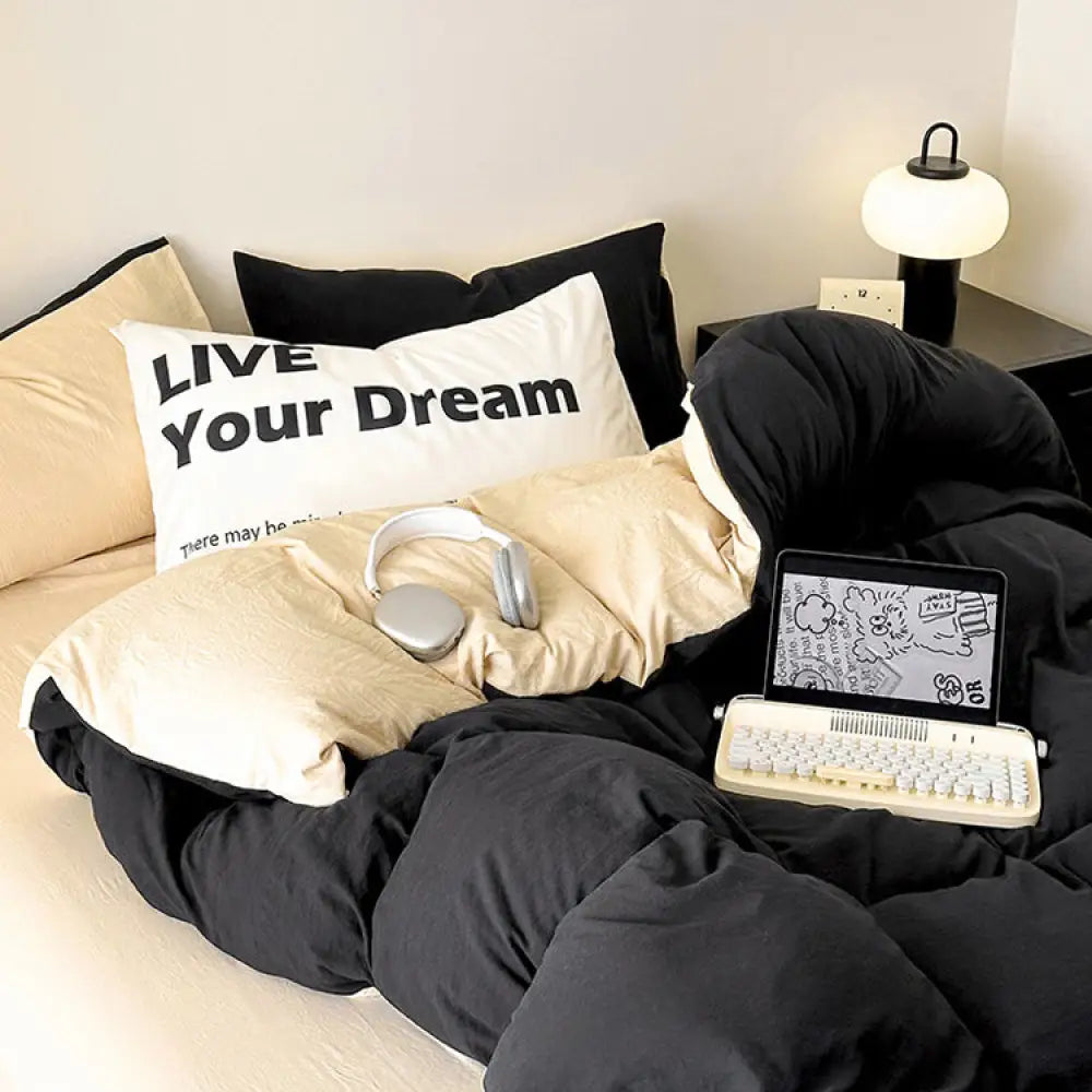 ID1090 ベージュ + ブラック / 1.5m（掛けカバー180*220 + フラットシーツ230*250 + 枕カバー2個） 寝具＞寝具セット