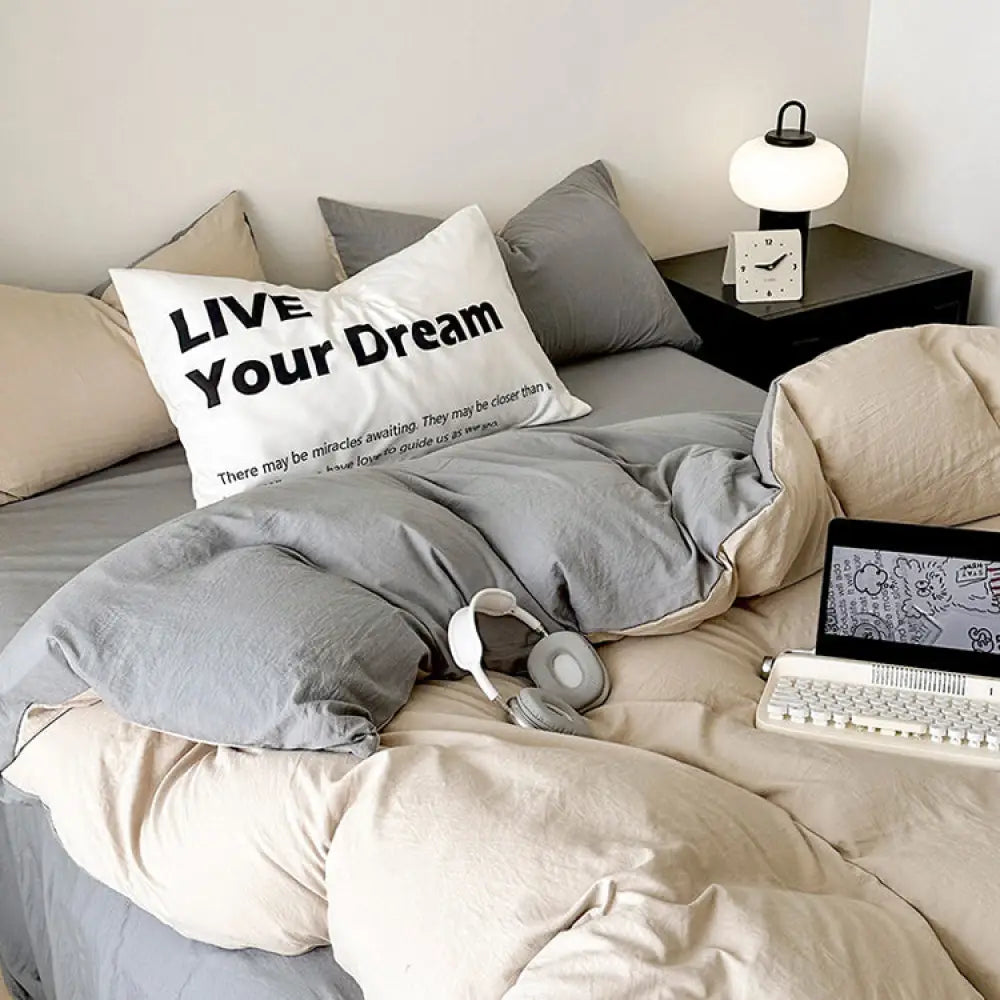 ID1090 ベージュ + グレー / 1.5m（掛けカバー180*220 + フラットシーツ230*250 + 枕カバー2個） 寝具＞寝具セット