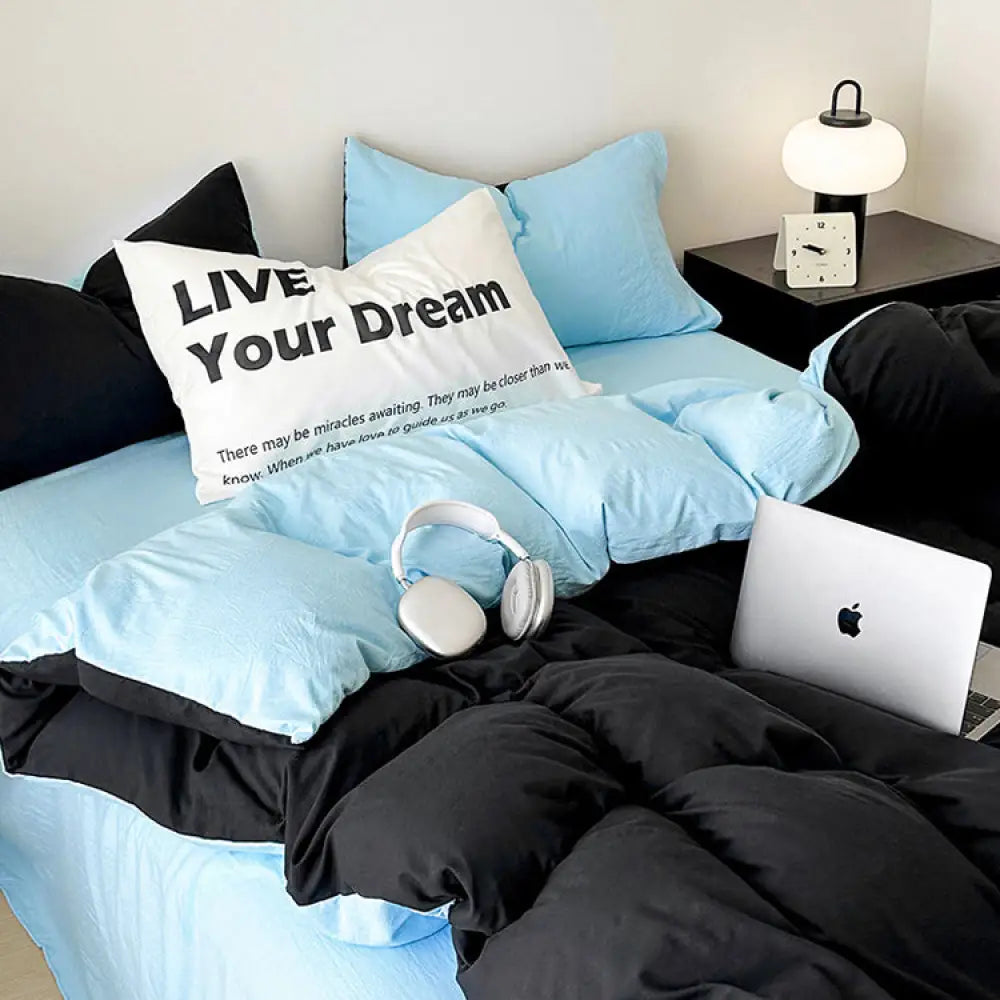 ID1090 ブルー + ブラック / 1.5m（掛けカバー180*220 + フラットシーツ230*250 + 枕カバー2個） 寝具＞寝具セット